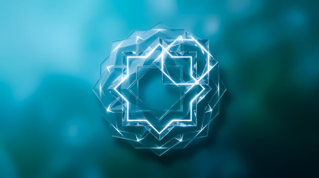 Clean futuristic Islamic geometric octagram banner rendering transparent glassmorphism panels inside soft cyan emerald gradient minimalist luxury layout outstanding for commercial Islamic