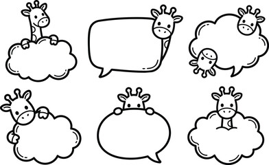 Obraz premium Cute giraffe speech bubbles in varied cloud shapes, black line art vector collection