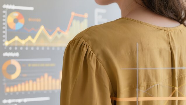 A digital marketer analyzing performance metrics and financial charts on a screen, emphasizing e-commerce analytics, media buying, data analysis, and digital marketing