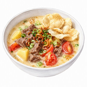 traditional Indonesian beef soup (soto betawi) isolated on white