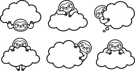 Obraz premium Cute sloths peeking from fluffy clouds in playful black and white line art