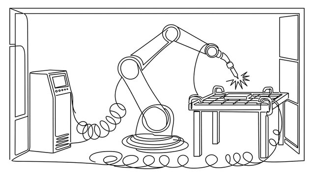 Industrial robot arm assembling parts white background.