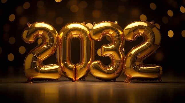Golden balloons forming the number 2032 against a dark blurred festive background.