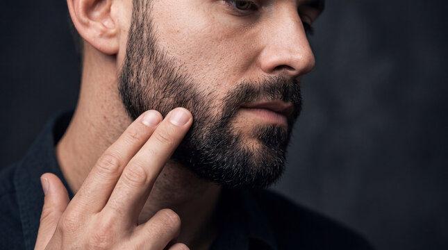 Close up of man touching his well groomed beard, showing healthy facial hair and smooth skin, highlighting modern men grooming and beard care routine