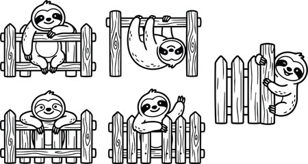 Obraz premium Cute sloths climbing and hanging on wooden fences in black and white line art