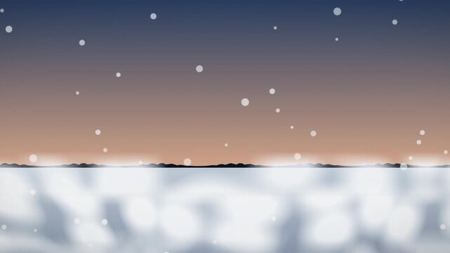 Snowy landscape with blurred lights and soft colors. 2d animation
