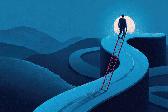 Taking a shortcut concept. A businessman in a suit climbing a ladder to shortcut a winding road leading 