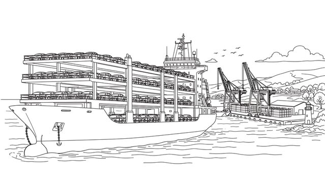 Large cargo ship sketch on white background.