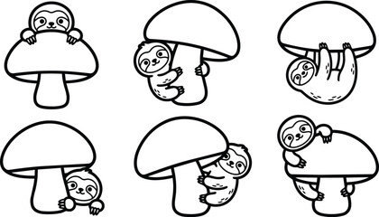 Obraz premium Black and white sloths hiding, climbing, and hanging beneath mushrooms in playful line art collection