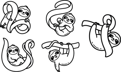 Obraz premium Cute sloths hanging and climbing in playful black and white line art collection