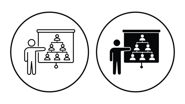 Person presenting organizational hierarchy team structure icon set with business