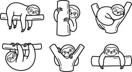 Obraz premium Six cute sloths hanging from tree branches in playful black and white line art