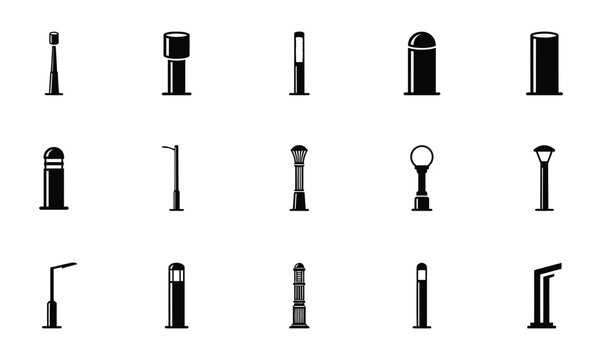 Set of fifteen black silhouette icons representing various types of modern street lamps and outdoor lighting fixtures