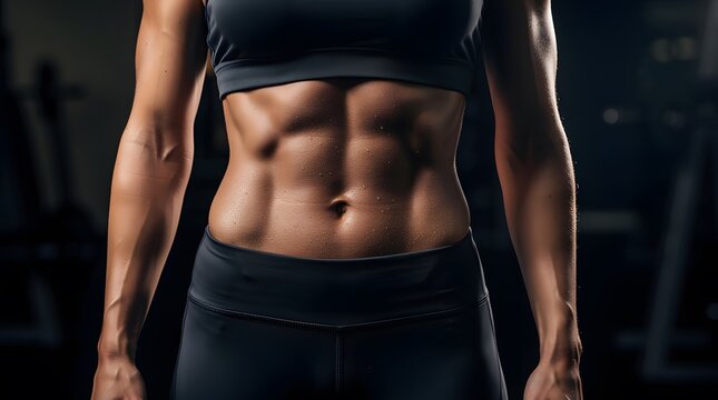 Close up of a fit woman showing her toned abdominal muscles in a gym.