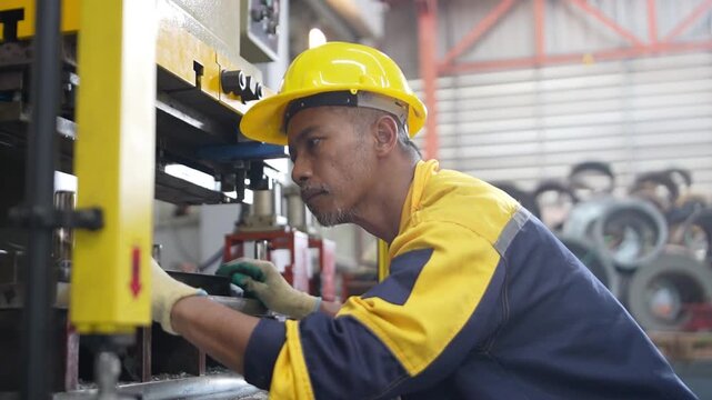 Engineer in protective workwear performs quality control and audits metal production on an industrial factory machine.