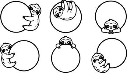 Obraz premium Playful sloths holding circular frames in black and white line art collection
