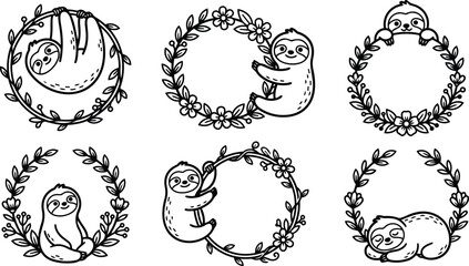 Obraz premium Cute sloth wreath collection in black and white botanical line art illustrations