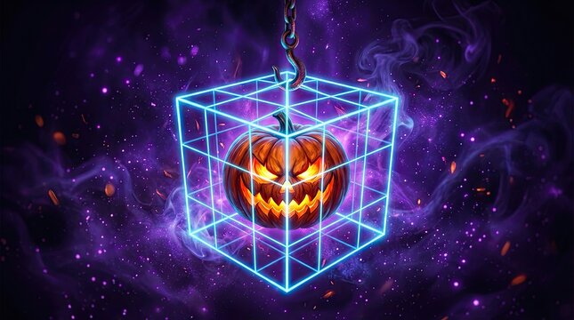 A mesmerizing and enchanting halloween scene featuring a glowing jack o' lantern suspended within a luminous crystalline cube evoking a sense of