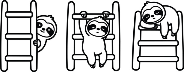 Obraz premium Black and white sloths climbing and resting on playground ladders in playful line art