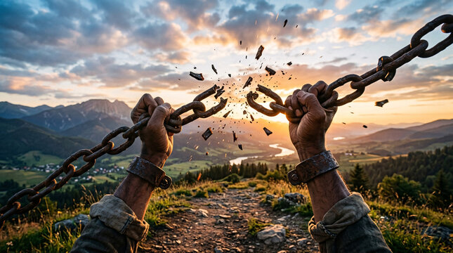 Powerful image of hands breaking iron chains at sunrise on a mountain peak, symbolizing freedom, liberation and breaking free from oppression.
