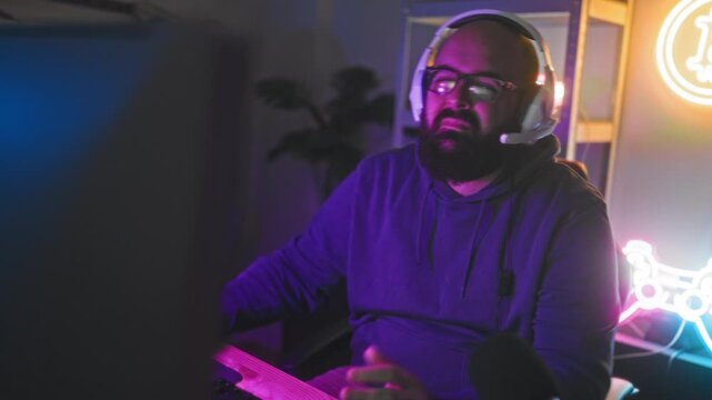 Man adjusts headset with both hands while seated at a computer in a studio lit by neon gaming signs and a controller prop; frustration.