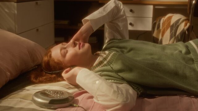 Caucasian teenage girl lying on bed, pressing play on retro CD player and listening to music through headphones. Clip is ideal for nostalgic marketing or youth lifestyle commercials