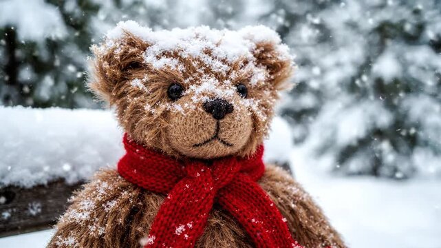 Brown teddy bear with red scarf sitting on snowy bench during snowfall
