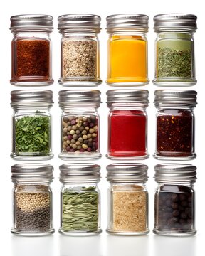 Glass spice jars with metal lids arranged neatly, food storage product isolated on white background