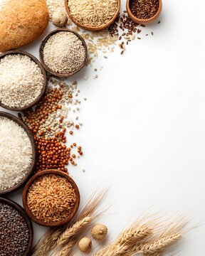 Gluten-free grains assortment arranged in a clean frame layout with copy space, food ingredients isolated on white background