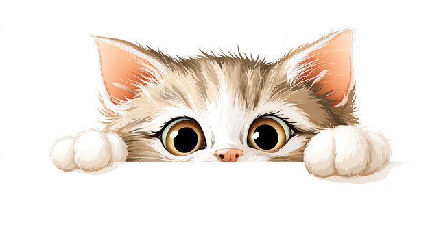 A cute kitten peeks over a surface with big, expressive eyes, showcasing curiosity and playfulness, perfect for animal lovers and pet enthusiasts.