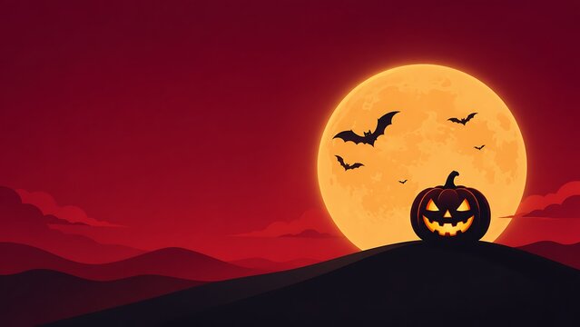 Spooky halloween background featuring a glowing jack o lantern silhouette against a large full moon and dark sky