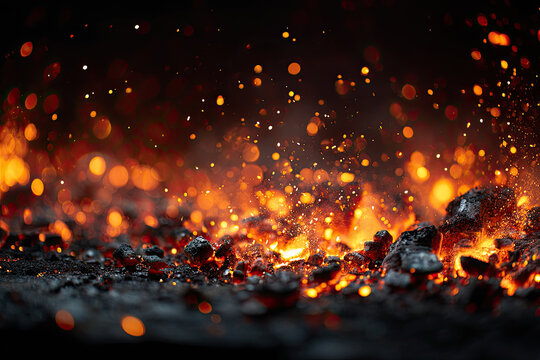  Background with fire sparks, embers and smoke. Overlay effect of burn coal, grill, hell or bonfire with flame glow, flying orange sparkles and fog on black background 