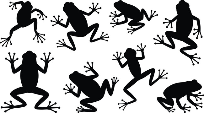 A collection of eight black frog silhouettes in various jumping, sitting, and crawling poses, isolated on a plain white background