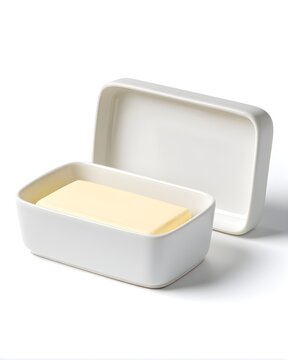 Matte white ceramic butter dish with fitted lid, kitchenware isolated on white background
