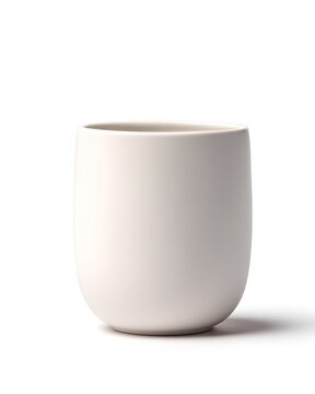 Matte white ceramic coffee cup without handle, minimalist drinkware isolated on white background