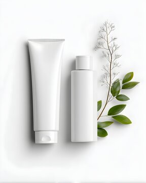 Minimal blank skincare tube paired with bottle, clean cosmetic advertising mockup isolated on white background