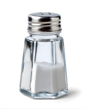 Minimal glass salt shaker with metal cap, kitchen seasoning container isolated on white background