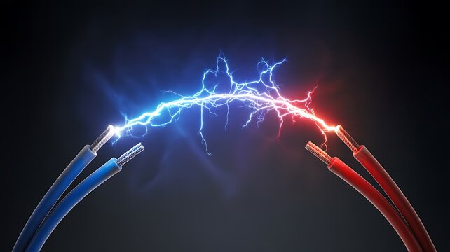 Electrical cables with blue and red wires creating a glowing energy connection on a dark background