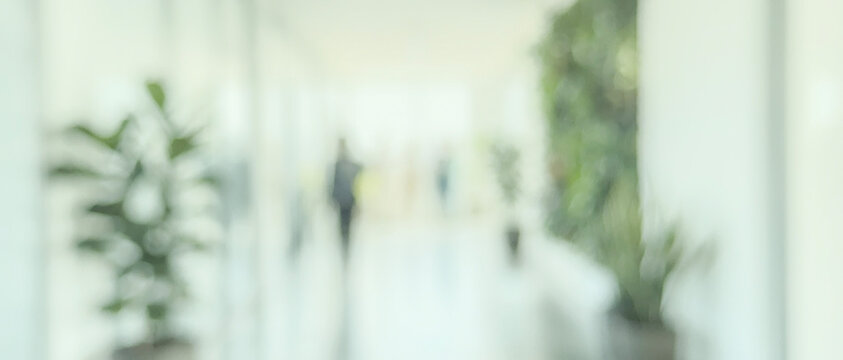 A softly focused image of a modern office hallway featuring greenery and people walking in a blurred background, conveying a sense of calm and professionalism.