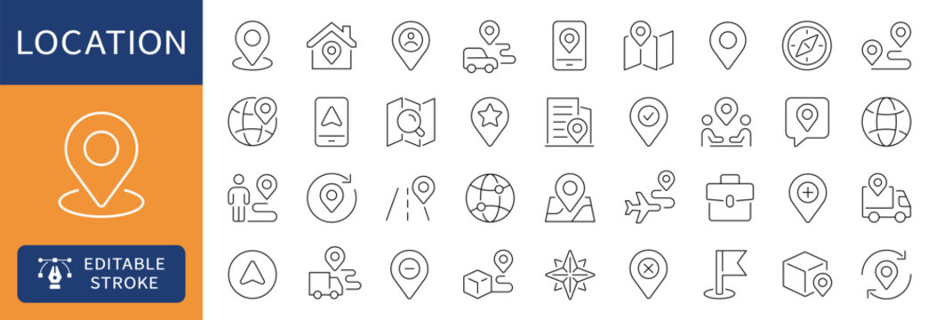 Location thin line icons set. Navigation, map, tracking icon. Editable stroke. Vector
