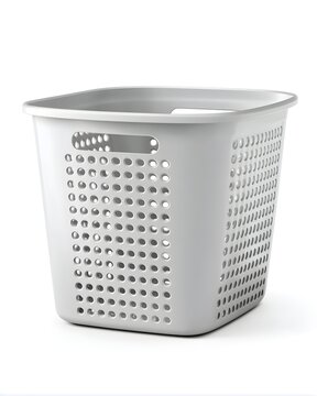 Minimal plastic laundry basket with ventilation holes, household item isolated on white background