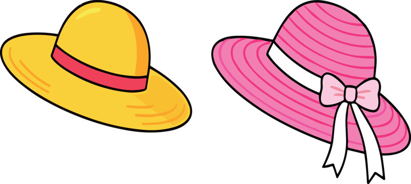 Cute summer beach sun hats vector illustration set featuring a yellow straw hat and a pink wide brim hat isolated on white background