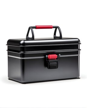 Minimal steel toolbox with top handle, hardware storage isolated on white background