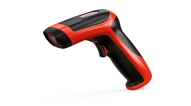 A handheld barcode scanner in sleek red and black design, ideal for fast and efficient inventory management in various settings.
