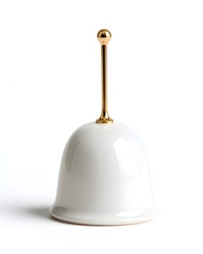 Minimal white ceramic candle snuffer with smooth bell shape and slender handle, home fragrance accessory isolated on white background