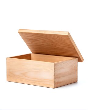 Minimal wooden bread box with flat lid, kitchen storage isolated on white background