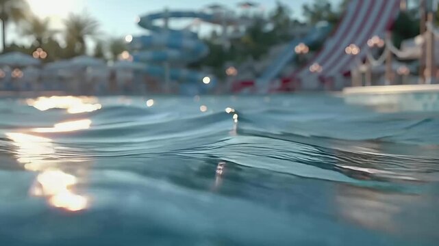 Summer hot vibe lifestyle. A vivid, actionpacked shot of a water park during the golden hour. The main subject is a pool with clear blue water, reflecting the warm, golden light of the setting sun.