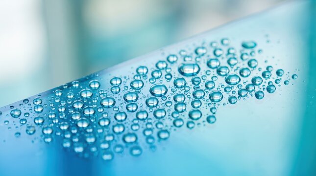 Macro shot of clear water droplets condensing on a smooth glass surface with a vibrant cyan blue, illustratings of hydration, freshness, purity, condensation, rain