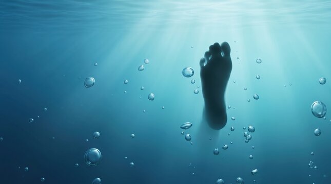 Underwater silhouette of a human foot sinking into deep blue ocean water surrounded by rising air bubbles and sun rays penetrating the surface, evoking feelings of drowning, diving