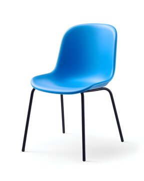 Modern blue plastic chair with minimalist silhouette and matte finish, furniture product isolated on white background